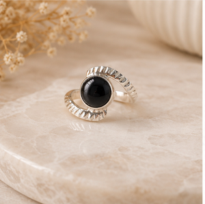 Natural Black Onyx Cabochon <b>925</b> <b>Silver</b> <b>Ring</b> | Artisan Handmade Statement <b>Ring</b> - Product Image 1
