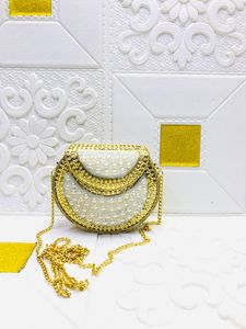 Elegant Pearl Beaded Metal <b>Clutch</b> Bag <b>Gold</b> Chain | Craftstages International Bridal Wedding Party Handbag for Women Made Delhi - Product Image 2