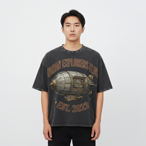 T-shirt court oversize imprimé Dirigible Steampunk Urban Explorers Club pour homme, style urbain, manches courtes, col rond, en jersey de coton - Product Image 3