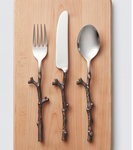 Ensemble de couverts en métal de style nordique avec poignées en forme de branche, compatibles lave-vaisselle, cuillère, fourchette, couteau, vaisselle - Product Image 1