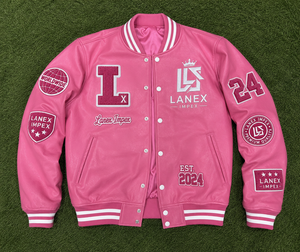 Custom Pink Varsity Letterman Jacket Women PU Leather Baseball College Jacket Embroidered Chenille Patch Bulk Bomber Jacket OEM - Product Image 6
