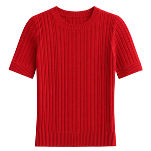 Suéter Casual de Punto Acanalado para Mujer, Cuello Redondo, Manga Corta, Corte Ajustado, Suave, Elástico, Antiarrugas, Comodidad Diaria - Product Image 1