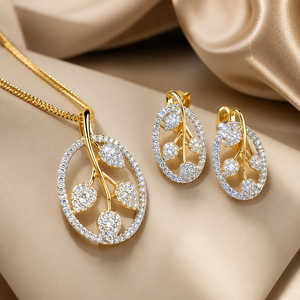 Elegante Collar con Colgante de Hoja Ovalada Chapado en Oro con Circonitas y Pendientes a Juego, Conjunto de Joyería para Mujer, Regalo - Product Image 1