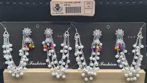 Pendientes Jhumka de Plata Oxidada con Flor, Cadenas de Soporte para el Cabello con Perlas Blancas de Múltiples Hilos y Gotas de Cuentas Arcoíris, Venta al por Mayor - Product Image 2