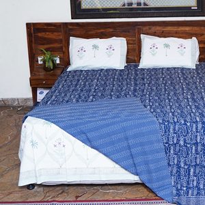 Handmade Vintage Fluffy Indigo Block Printed Cotton Kantha <b>Quilt</b> Reversible Bedspread for Hotel Use Home Decor <b>Throw</b> Blanket - Product Image 4