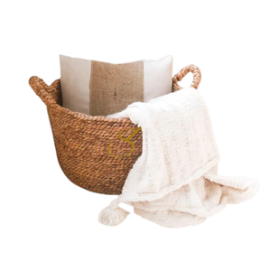 Panier de rangement rond en jacinthe d'eau tressé à la main, style bohème, avec poignées, pour salon, 100% fait main - Product Image 4