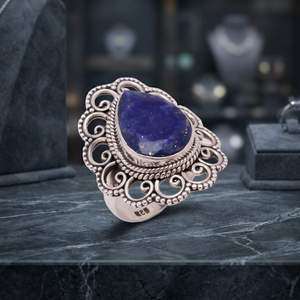Vintage 925 Sterling Silver Cocktail Ring With Lapis Lazuli Bezel Setting Women's Everyday Wear Jewelry - Product Image 1