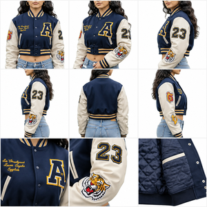 Custom Women's Cropped Varsity <b>Jacket</b> Embroidered Patchwork Sleeves Cotton Filling Windproof <b>Waterproof</b> OEM ODM Manufacturer - Product Image 6