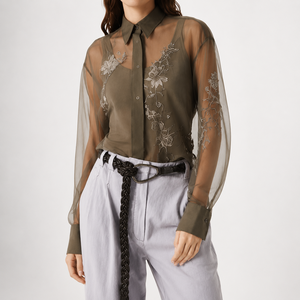Blusa de malla transparente para mujer, camisa de manga larga con botones y bordado floral, color verde oliva - Product Image 1