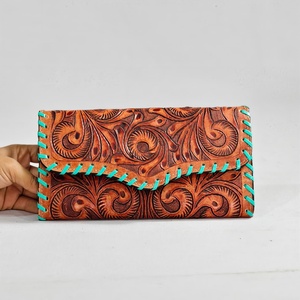 Real Genuine <b>Leather</b> Clutch Hand <b>Tooled</b> Floral Carving Wallet Vintage Multi Uses Credit Cards Cash Wallet Gifts For Women Use - Product Image 6