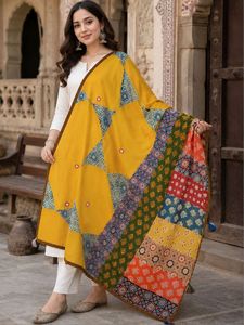 Jaipur Moda Festive Yellow Cotton Dupatta with Multicolor Patchwork Border Handmade Tassels Indian Stole for Women - Product Image 1