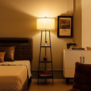 Lampada da Terra Moderna con Ripiani Portaoggetti e Paralume in Tessuto di Lino - Product Image 2