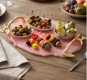 Elegante Bandeja de Servir de Resina Floral Rosa con Asas de Hoja de Oro, Pieza Decorativa para el Hogar, Restaurantes, Bodas y Eventos - Product Image 3