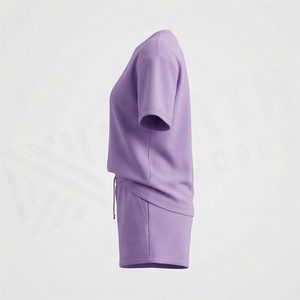 Conjunto de 2 Piezas para Mujer, Shorts de Punto Sólido, Manga Corta, Cuello Redondo, Corte Holgado, Informal, para Primavera/Verano, Largo por Encima de la Rodilla - Product Image 3