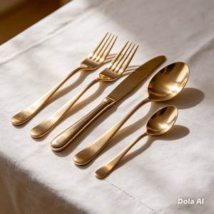Juego de Cubiertos de 4 Piezas en Latón con Acabado Antiguo Dorado Mate, Cuchillo, Tenedor y Cuchara de Acero Inoxidable - Product Image 3