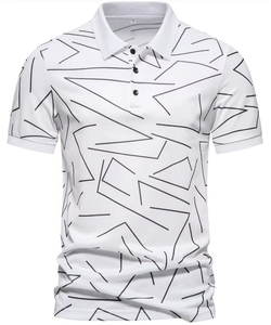 Polo à manches courtes pour homme, imprimé géométrique blanc, décontracté, respirant, en tissu popeline, coupe classique, impression numérique, vente en gros - Product Image 2