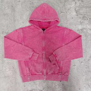 Sweat à capuche zippé Streetwear Designer personnalisé, en coton épais, coupe oversize, délavé à l'acide, effet vieilli, brodé de strass - Product Image 4