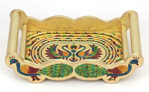Ensemble de 6 verres en acier inoxydable Royal Meenakari Peacock avec plateau de service en bois - Product Image 5