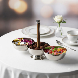 Bol de service triple section en métal argenté avec poignée en bois, bols décoratifs, ustensiles de cuisine, artisanat, décoration de table, cadeau moderne pour condiments - Product Image 1