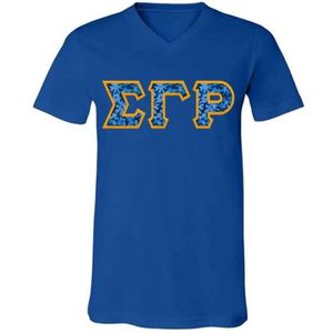 Camiseta con cuello en V para mujer, camiseta con estampado gráfico de letras horizontales y mangas a rayas, Top informal de manga corta a la moda, estilo Sorority - Product Image 1