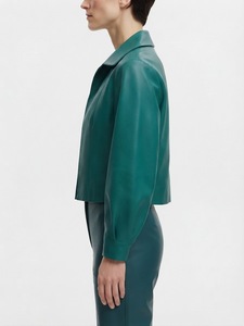 Chaqueta Corta de Piel Sintética Color Verde Azulado para Mujer, con Cuello Solapa, Manga Abullonada, Estilo Casual Urbano, Venta al por Mayor, con Perlas - Product Image 4