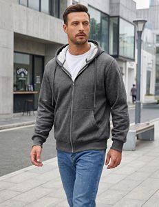 Men's Grey Hooded Zip-Up Sweatshirt Regular Fit Solid Color Cotton French Terry Casual Winter 350 Gsm French Terry Solid Hoodies - Product Image 5
