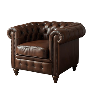 Sillón Club de Cuero Marrón de Lujo con Respaldo Acolchado, Sillón de Estilo Vintage para Sala de Estar u Oficina - Product Image 2