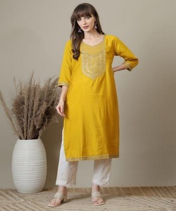 ชุดคุर्ติงานปักลายแฟนซีผ้าเรยอน สำหรับงานเทศกาล ราคาขายส่ง เสื้อผ้าชาติพันธุ์ สีเหลือง - Product Image 1