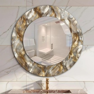 <b>Gold</b> and Silver Abstract Swirl/Wave <b>Round</b> Glass & Metal Frame Handmade Decorative Wall <b>Mirror</b> From REHMAN CRAFT - Product Image 2