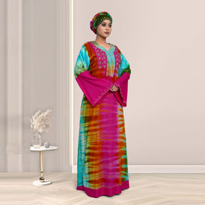 Robe Kaftan en Rayonne Tie-Dye pour Femme avec Broderie Diamantée, Manches Longues, Modeste, Style Islamique, Tenue Maxi Élégante Style Dubaï pour l'Aïd (ODM) - Product Image 1
