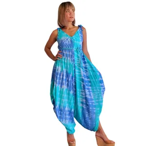 Combinaison ample pour femme, bleu aqua, tie-dye, sans manches, col en V, style bohème, pantalon harem, tenue de vacances d'été - Product Image 3