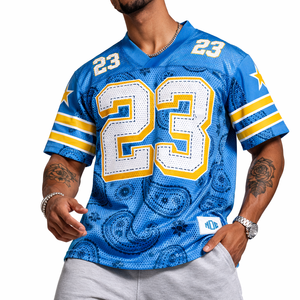 Camiseta de Fútbol Americano Personalizada para Hombre, Color Azul, con Estampado Paisley por Sublimación, Uniforme de Fútbol Transpirable, Fabricación OEM para Pedidos al por Mayor en EE. UU. - Product Image 1
