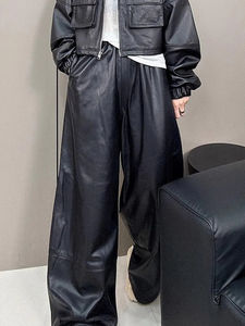 Nouveau pantalon décontracté pour femme automne, style streetwear, en cuir véritable de mouton, taille haute élastique, pantalon large tendance pour femme - Product Image 4