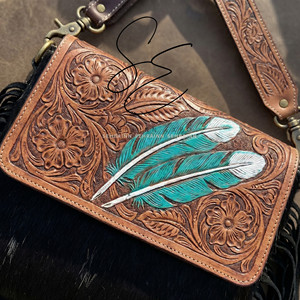 Handmade Western Tooled Leather Crossbody Bag Real Cowhide Fur Fringe Handbag Vintage Boho Shoulder Bag for Women Cowgirl <b>Purse</b> - Product Image 2
