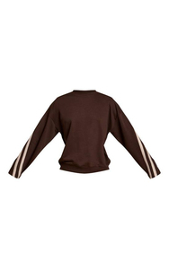 เสื้อสเวตเชิ้ตคอกลมโอเวอร์ไซส์สีน้ำตาลสำหรับผู้หญิง แขนยาว ลายทางด้านข้าง ผ้าฝ้ายถัก ใส่ได้ในฤดูใบไม้ร่วง - Product Image 4