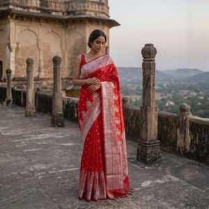 Regal <b>Red</b> Chanderi Silk <b>Saree</b> with Long Peacock Motifs - Product Image 1