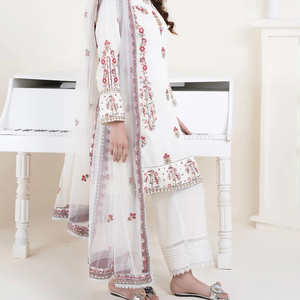 Shalwar Kameez pour femmes, en soie et mousseline, avec broderie florale épaisse, respirant, style pakistanais décontracté, en tissu lawn, avec foulard standard - Product Image 3