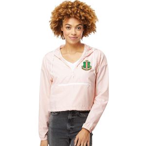 Light Pink Women Quarter Zip Crop Windbreaker Jacket with Green Embroidered Crest Lightweight Long Sleeve Casual Outdoor Wear - Product Image 1