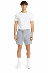 Shorts de détente pour homme en coton grise mélangée de qualité supérieure avec cordon de serrage ajustable à la taille, en tissu polaire doux, coupe décontractée, côtés ourlés - Product Image 1