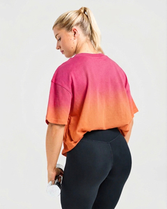 T-shirt à épaules tombantes pour femme, manches courtes, col rond, dégradé, effet délavé à l'acide - Product Image 3