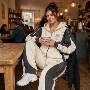 Women's <b>Cream</b> <b>Black</b> Tracksuit Set Oversized Zip Up Hoodie Wide Leg Pants Butterfly Graphic Casual Streetwear - Product Image 3