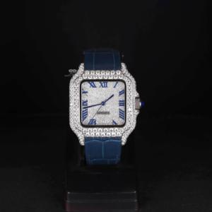 Ice <b>Blue</b> Statement Moissanite Diamond <b>Watch</b> Iced Out Square Roman Dial Luxury Hip Hop <b>Blue</b> Strap Autoamtic <b>Men</b> WristWatch - Product Image 1