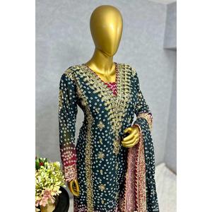 Azul marinho Georgette bordado seqüência trabalho superior e inferior com Dupatta atraente para máquinas do bordado
