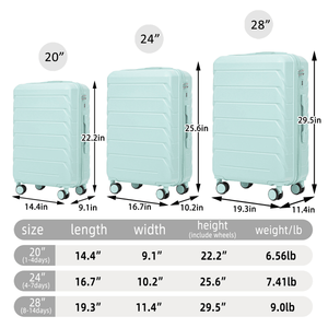 Valise à roulettes 3-en-1 vert menthe en ABS et PC, légère, avec poignée télescopique en fer et serrure TSA, tailles 20, 24 et 28 pouces - Product Image 2