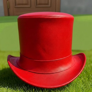 High quality custom Handmade Red Leather Top <b>Hat</b> unisex Bold Curved Brim Artistic Festival Wear - Product Image 1