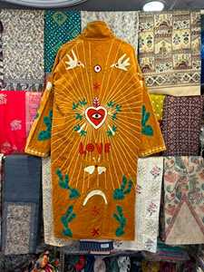 Screen Printed Knitted Suzani Love Jacket Boho Floral Statement <b>Coat</b> with Drawstring Closure (100% Cotton 50" Length) - Product Image 1