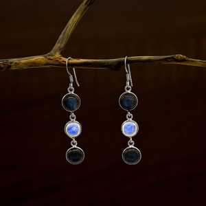 Boucles d'oreilles en pierre de lune arc-en-ciel naturelle et labradorite, pierre de naissance de juin et de novembre, bijoux en argent faits à la main, cadeau pour femme - Product Image 3
