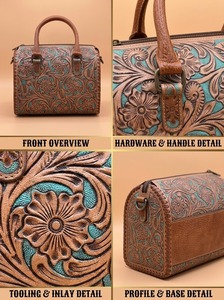 Hand Tooled Floral Leather Waterproof OEM Speedy Handbag Embossed Shoulder Bag Zipper <b>Crossbody</b> <b>Purse</b> Vintage Western Style - Product Image 2