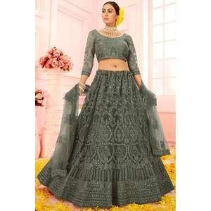 LATEST <b>NET</b> CHAIN STITCH LEHENGA CHOLI WITH DUPATTA GREY - Product Image 1
