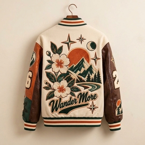 Chaqueta de Béisbol para Hombre, Chaqueta Letterman con Cuerpo de Lana, Mangas de Cuero, Diseño Floral de Montaña Bordado, Chaqueta Bomber de Equipo - Product Image 4